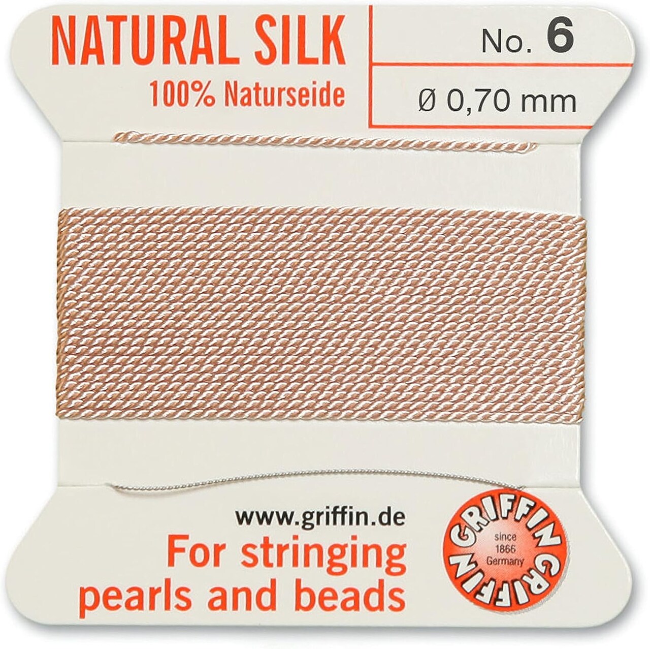 Griffin Silk Bead Cord Perlseide – Size 6 (0.70mm) – 2 Meters per Card – Stainless Steel Needle Attached – for Knotting Pearls, Gemstones, Crystals and Beads